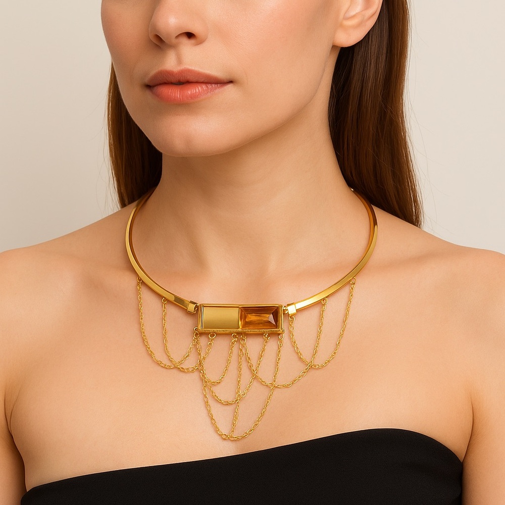 Gold Statement Necklace with Amber Gemstone & Layered Chains Gala Party Jewelry